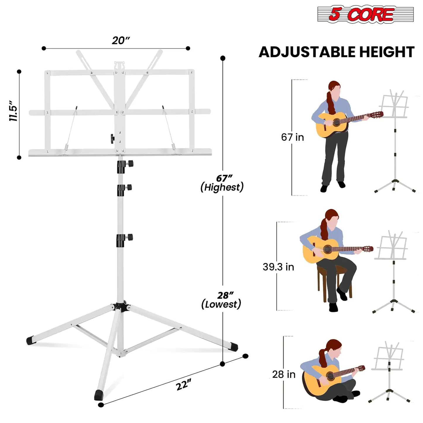 Soporte de Música 5Core para Partituras Portátil Tripé Ajustável Dobrável com Luz Branca