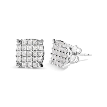 10K White Gold 3/4 Cttw Princess Diamond Composite Cushion Shape Stud Earrings (I-J Color, I1-I2 Clarity)