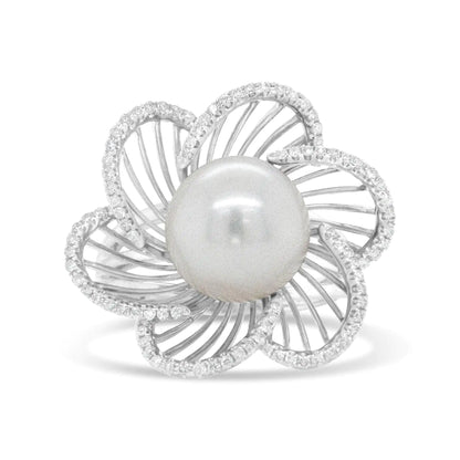 14K White Gold 11mm Round Pearl and 1/3 Cttw Round Diamond Openwork Flower Blossom Ring (H-I Color, VS1-VS2 Clarity)