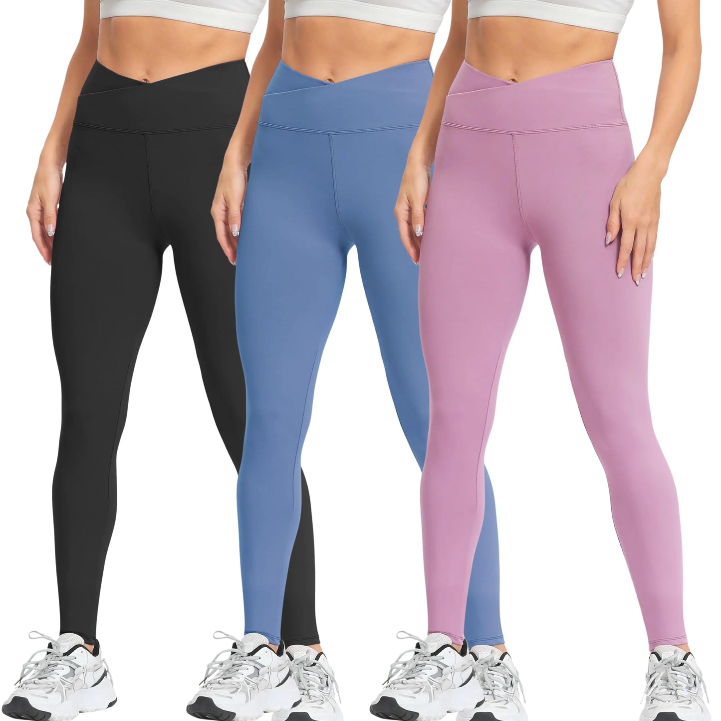 Natural Feelings Buttercloud High Waisted Leggings for Women Ultra Soft Stretch Opaque Slim Yoga Leggings Cross Waist-3 Pack-black/Ins Blue/Lavender Large-X-Large