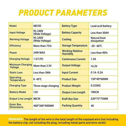 Cargador de batería inteligente automático de 1500 mAh, 12 V, portátil, para coche, con sistema de mantenimiento de goteo 