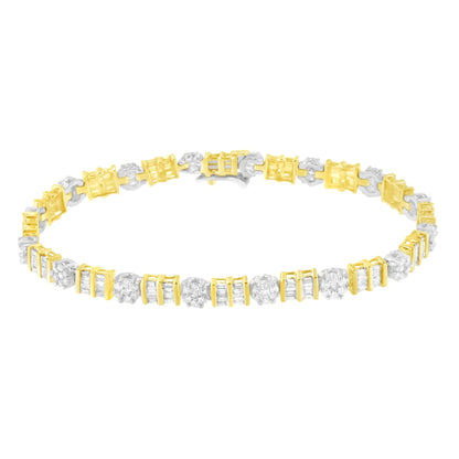 14K Gold 3-3/8 Cttw Round & Baguette-Cut Diamond Cluster Alternating Station 7" Tennis Bracelet (H-I Color, I1-I2 Clarity)