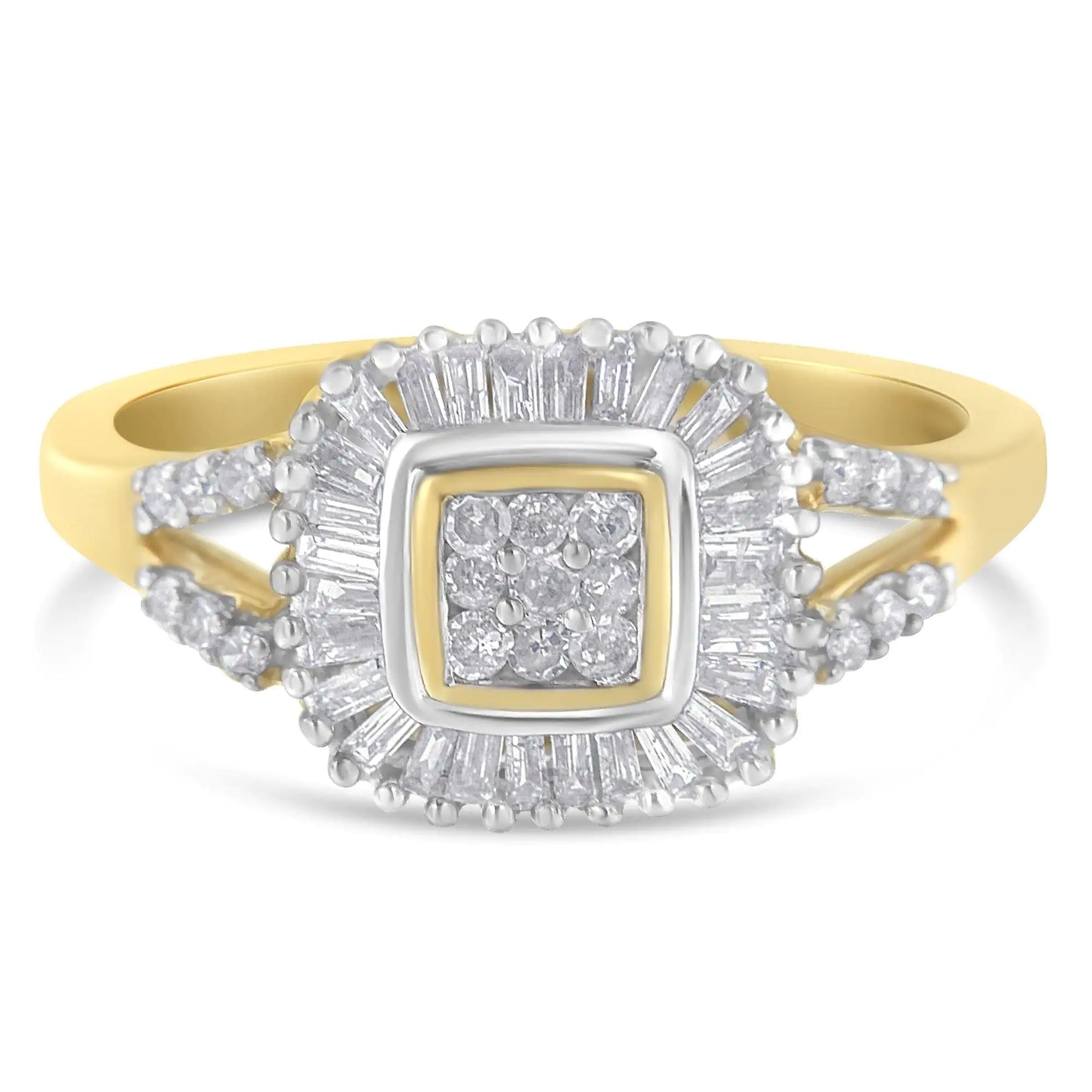 Anillo de bailarina de oro amarillo de 10 quilates con diamantes de talla baguette y redonda (1/2 ct, color IJ, claridad SI2-I1)