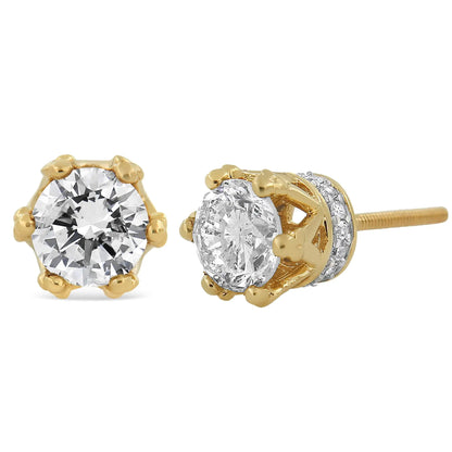 14K Yellow Gold 2.0 Cttw Round Diamond Crown Stud Earrings (I-J Color, I1-I2 Clarity)