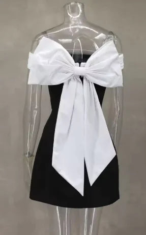 Women's Bow Black And White Contrasting-color Dress