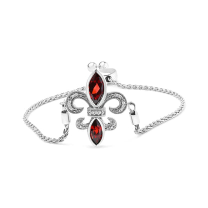 .925 Sterling Silver Marquise Granaat ja Diamond Accent Lariat 4”–10” Fleur De Lis reguleeritav Bolo käevõru (HI Color, SI1-SI2 Clarity)