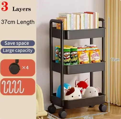 Multi-Layer Rolling Storage Cart This versatile cart features multiple layers of spacious shelves, allowing you to store a variety of items such as kitchen supplies, office supplies, beauty products, and more. rolling storage cart shelves