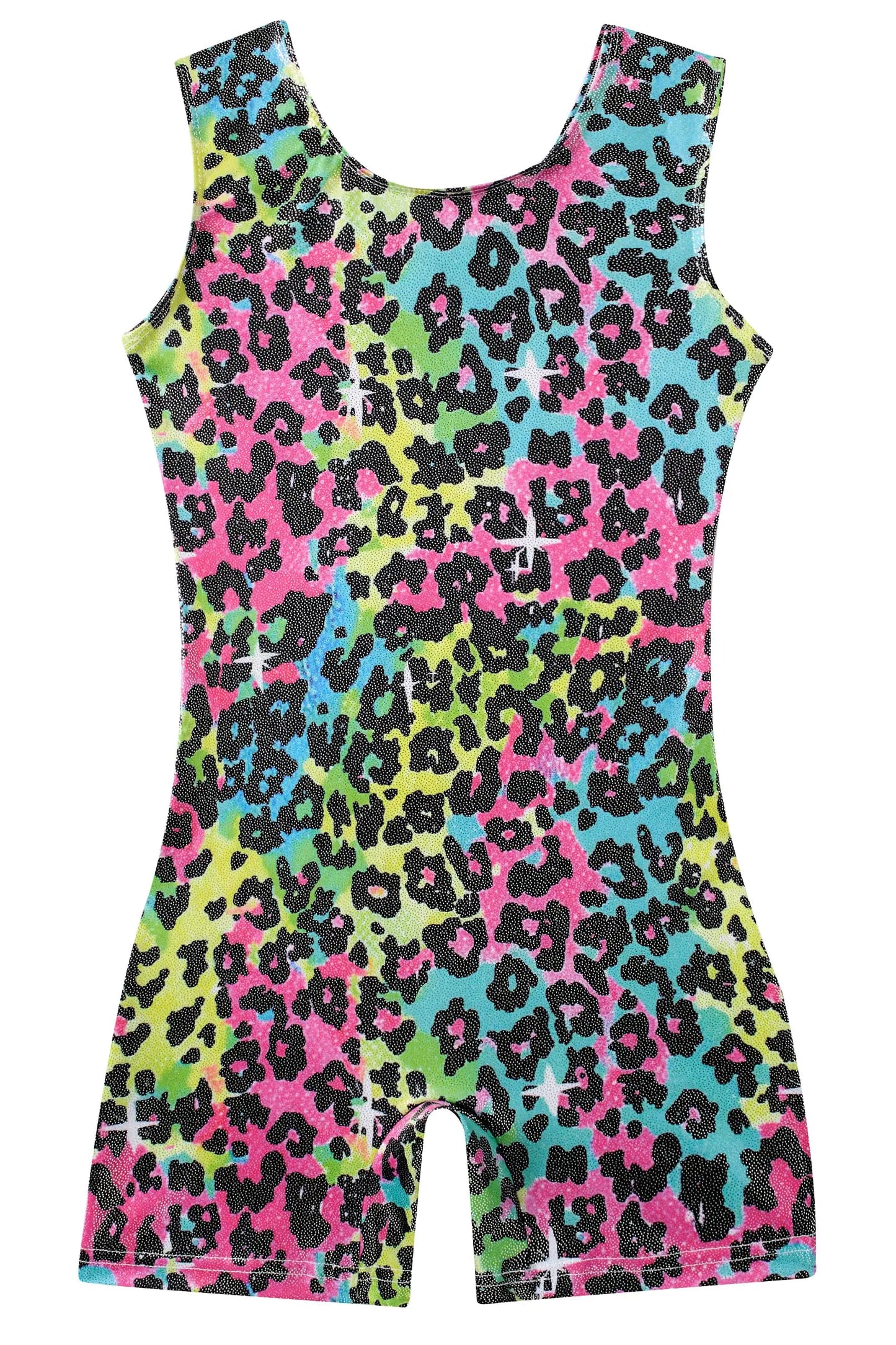 uideazone Gymnastics Leotard for Girls Biketards Sparkly Tank Ballet Unitard with Shorts Quick Dry One-Piece Outfits 2-9Years Colorful Leopard 55 7-8 Years