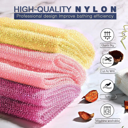 3 Piece Bright Style African exfoliating net Exfoliating Shower Set Long Bath Sponges for Smooth, Refreshed Skin, The Exterior Gleams - Ideal for Daily Use (Bright Yellow, Pink, Purple) Bright Yellow,Pink,Purple