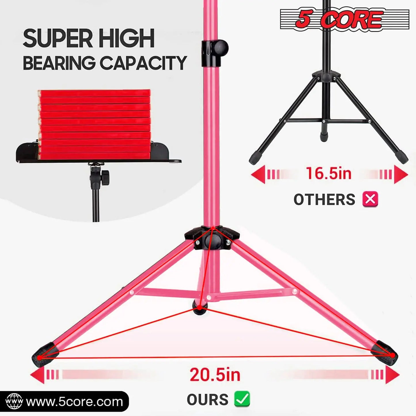 Soporte para Música 5Core para Partituras, Tripé Portátil Ajustável e Dobrável, Soporte para Notas, ROSA 