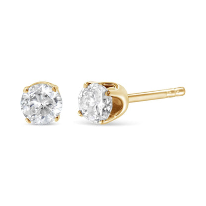 10K Yellow Gold 3/4 Cttw Round Brilliant-Cut Near Colorless Diamond Classic 4-Prong Stud Earrings (J-K Color, I1-I2 Clarity)