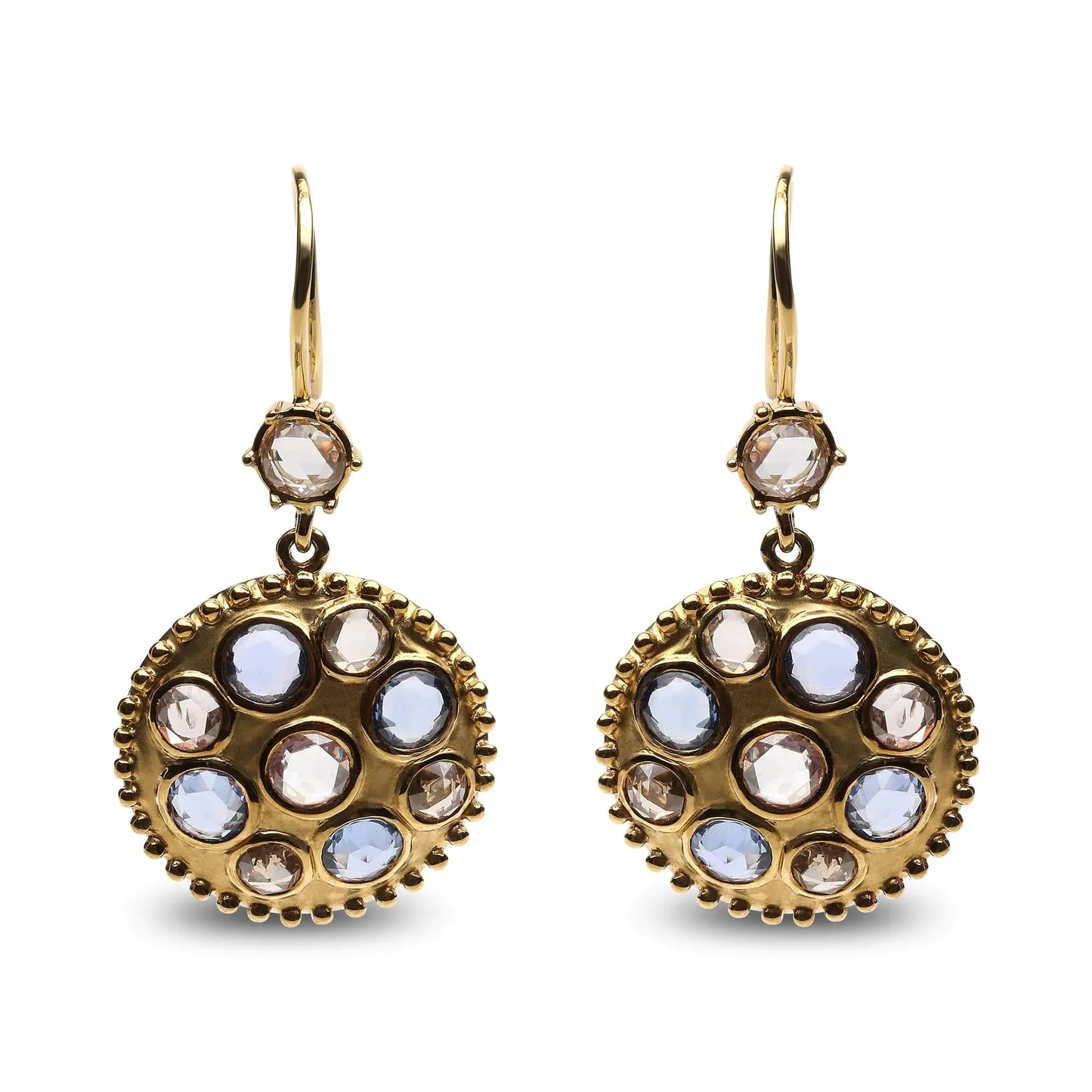 Aretes colgantes con medallón de piedras preciosas en oro amarillo de 18 quilates, con diamantes de 1 2/3 quilates y zafiro azul engastados en bisel (color marrón y GH, claridad SI1-SI2)