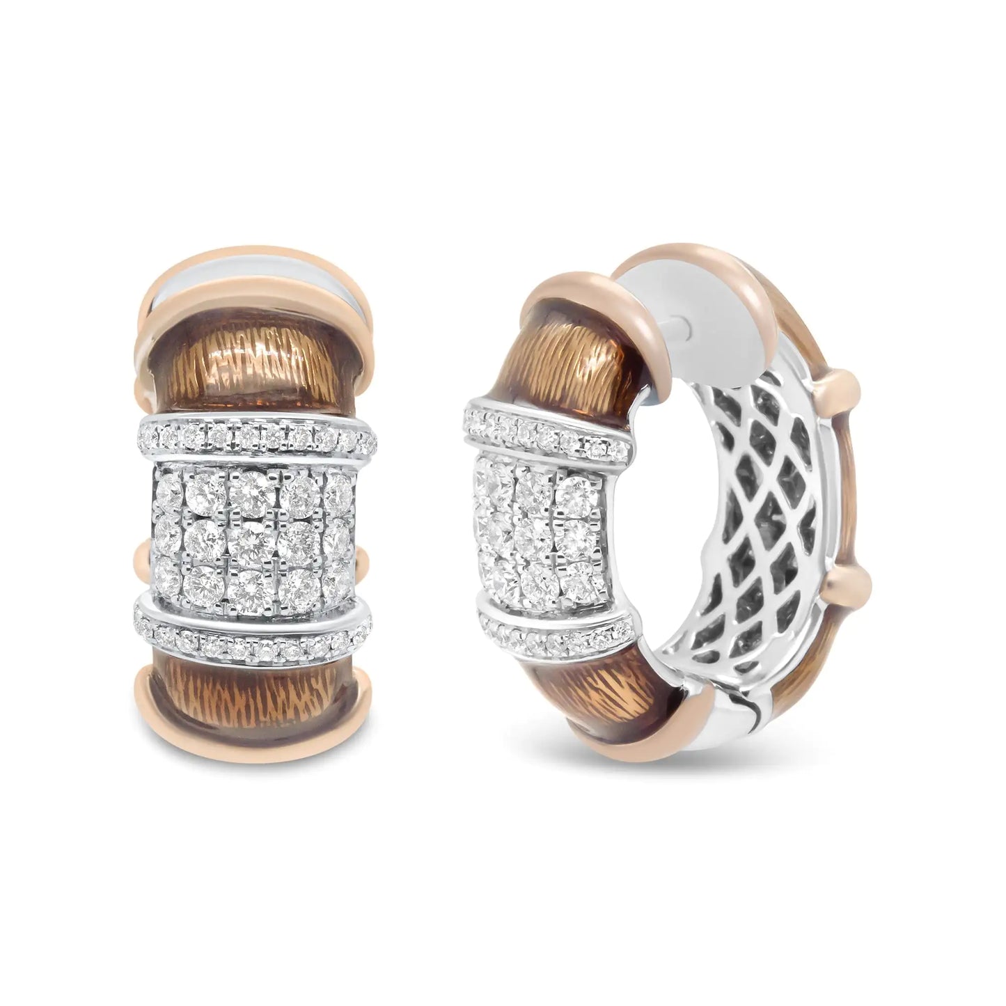 18K White and Rose Gold Flash Plated .925 Sterling Silver Clear Brown Enamel 1/6 Cttw Round Diamond Huggie Hoop Earrings (F-G Color, VS1-VS2 Clarity)