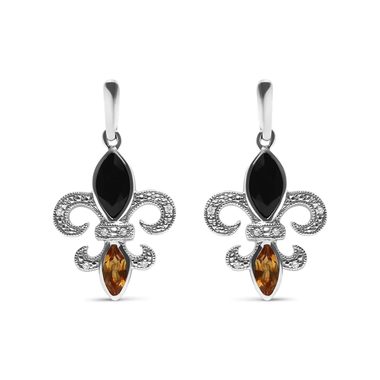 .925 Sterling Silver Marquise lõigatud oonüks ja tsitriin teemantaktsendiga Fleur De Lis Drop Stud kõrvarõngad (HI Color, SI1-SI2 Clarity)