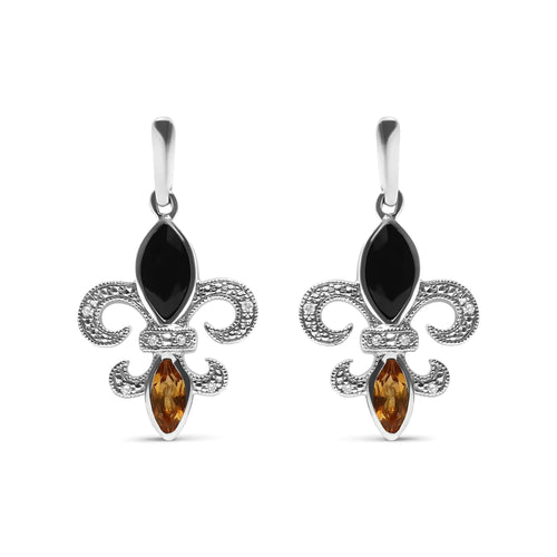 .925 Sterling Silver Marquise Cut Onyx and Citrine with Diamond Accent Fleur De Lis Drop Stud Earrings (H-I Color, SI1-SI2 Clarity)