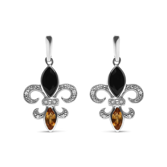 .925 Sterling Silver Marquise lõigatud oonüks ja tsitriin teemantaktsendiga Fleur De Lis Drop Stud kõrvarõngad (HI Color, SI1-SI2 Clarity)