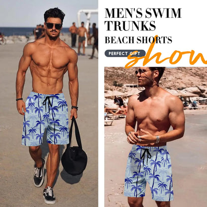 Men's Swim Trunks Hawaiian Bathing Mesh Lining Suit Swimsuits Beach Shorts with Pockets 3X-Large Light Blue-plam Tree