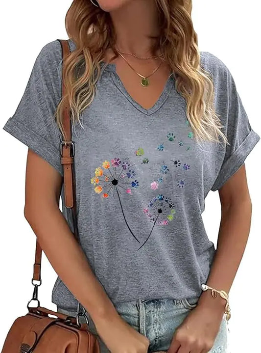 Women's Floral T-Shirts V-Neck Dandelion Sun Flower Graphic Casual Tee Boho Tops Cute Wildflowers Shirts Sec01gr X-Large