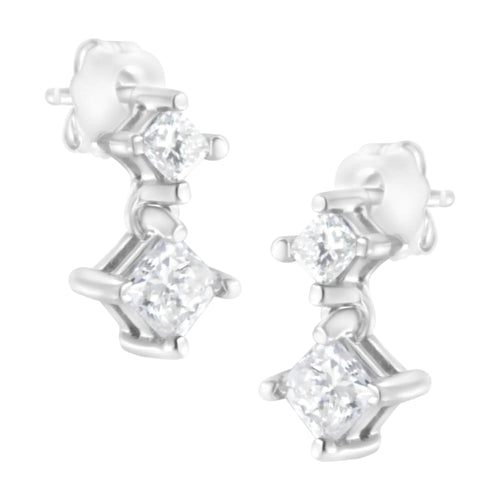 Aretes de oro blanco de 14 quilates con diamantes dobles de talla princesa de 3/4 ct (claridad IJ, color I2-I3)