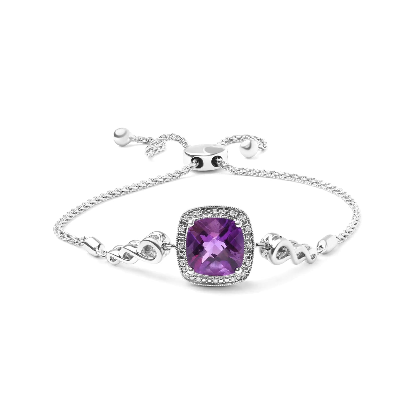 Pulsera bolo ajustable de plata de ley 925 con amatista de talla cojín de 10 mm y detalles de diamantes, de 10 a 25 cm (color HI, claridad SI1-SI2).