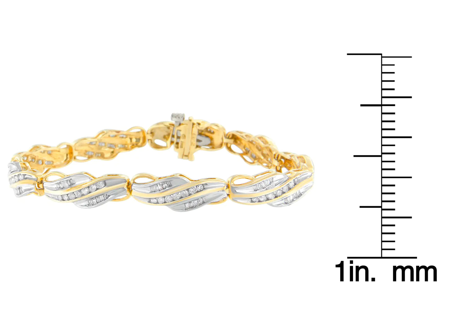 Pulsera de oro amarillo de 10 quilates con diamantes redondos y talla baguette (2 cts, color IJ, claridad I2-I3)