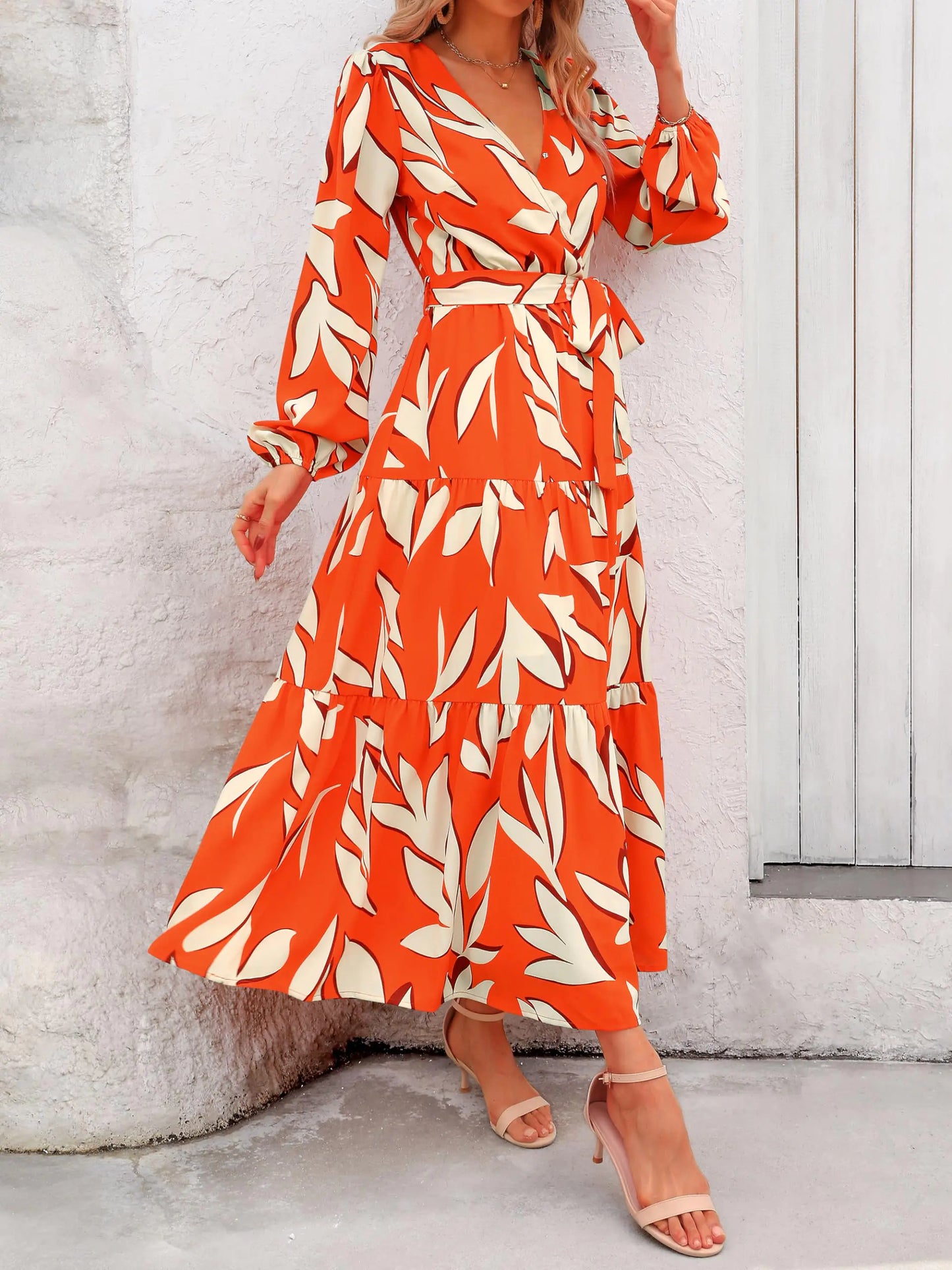 PRETTYGARDEN Womens Fall Long Sleeve Wrap V Neck Ruffle Floral Maxi Dress Casual Tie Waist Boho Chiffon Flowy Long Dresses XX-Large F-orange White