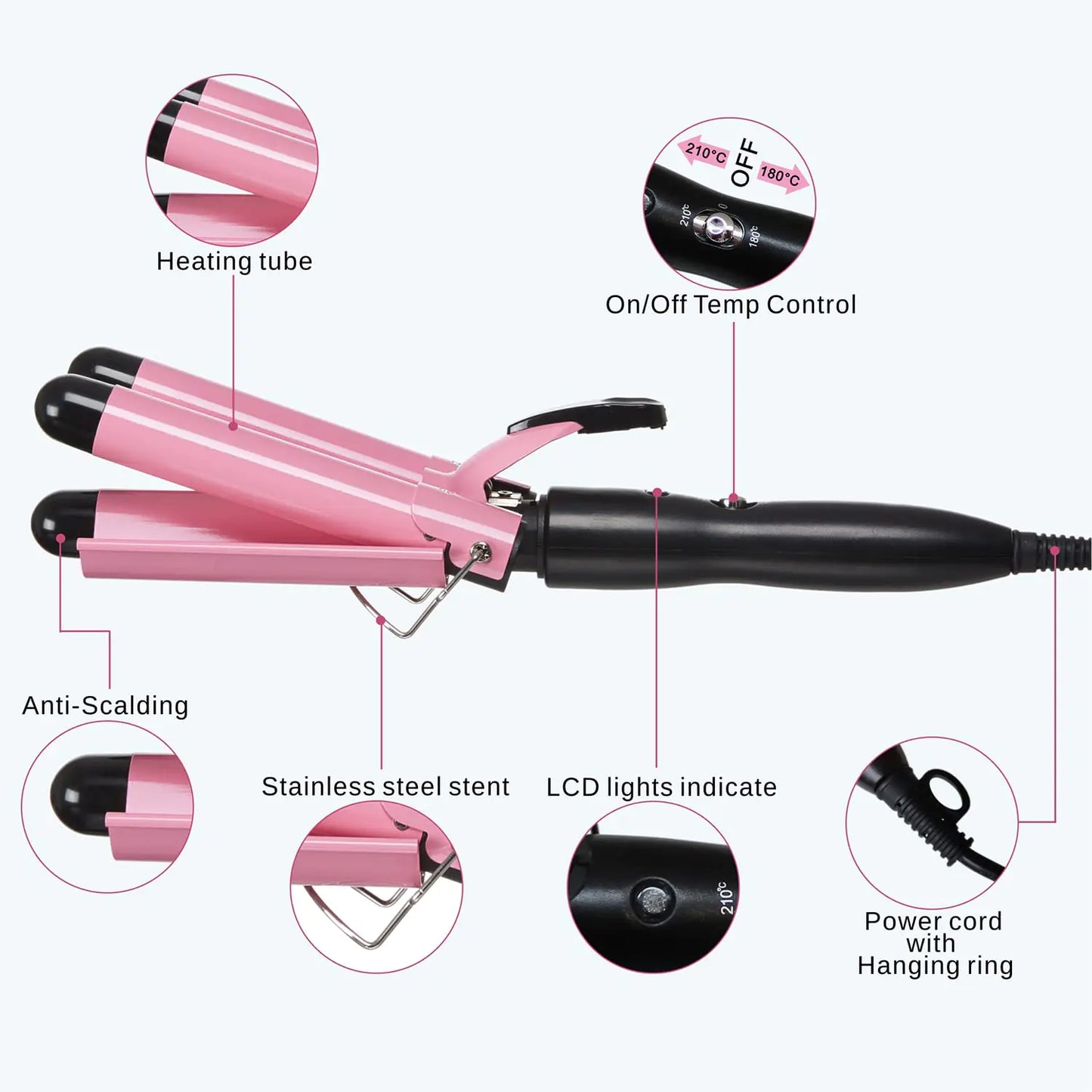 3 Barrel Curling Iron Hair Crimper, TOP4EVER 25mm（1 inch ） Professional Hair Curling Wand with Two Temperature Control,Fast Heating Portable Crimpers for Waving Hair (Pink)