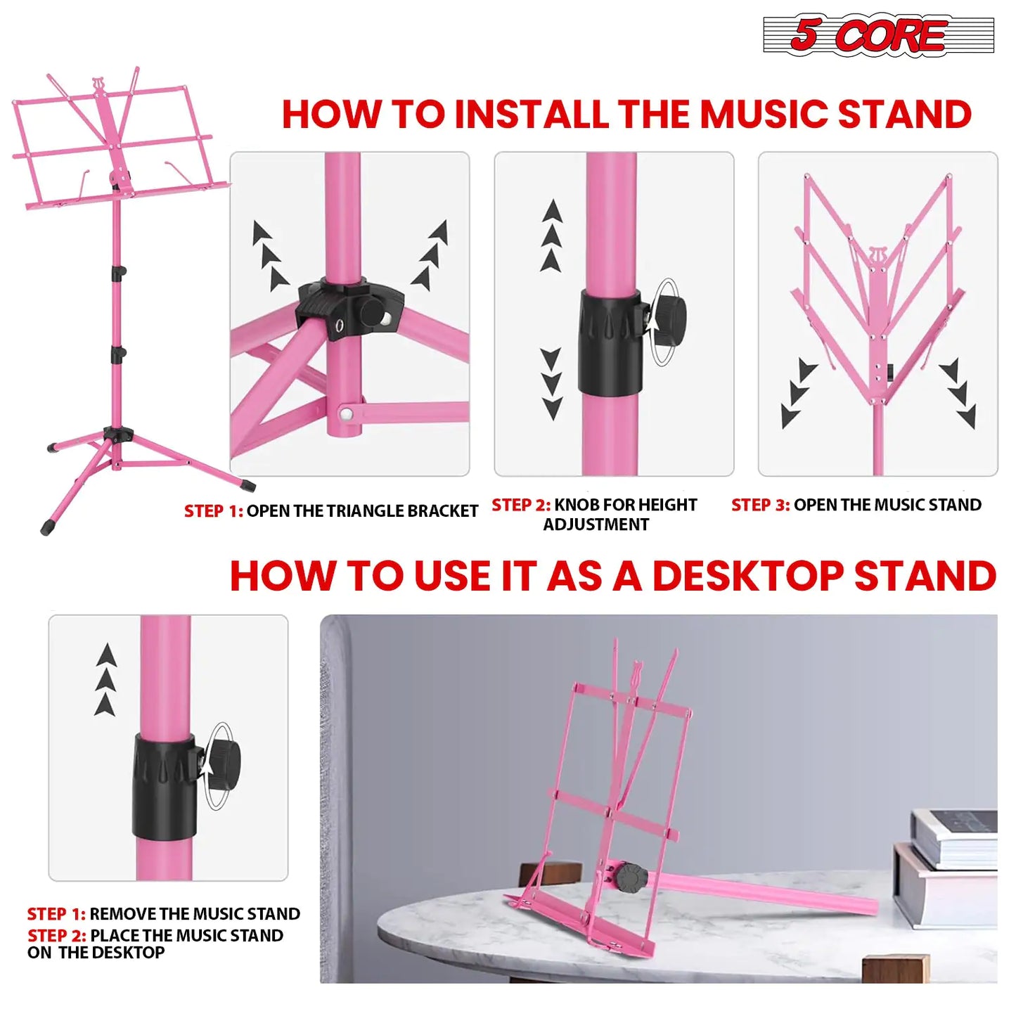 Soporte de Música 5Core para Partituras, Portátil com Tripé Ajustável e Dobrável, Soporte para Notas na Cor ROSA