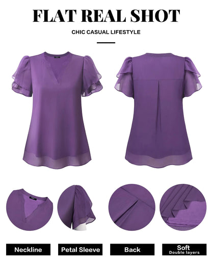 Blusas elegantes de gasa Lotusmile para mujer, de verano, con pétalos abullonados, de manga corta, cuello en V, informales, para el trabajo, color morado medio