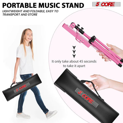 Suporte de Música 5Core para Partituras, Portátil, Tripé Ajustável, Dobrável, com Porta-Partituras e Luz, Rosa