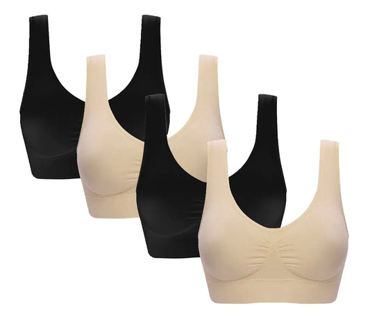 Sujetador deportivo Vermilion Bird para mujer, cómodo, sin costuras, con almohadillas extraíbles (paquete de 3), talla 3XL (paquete de 4): negro x 2, beige x 2