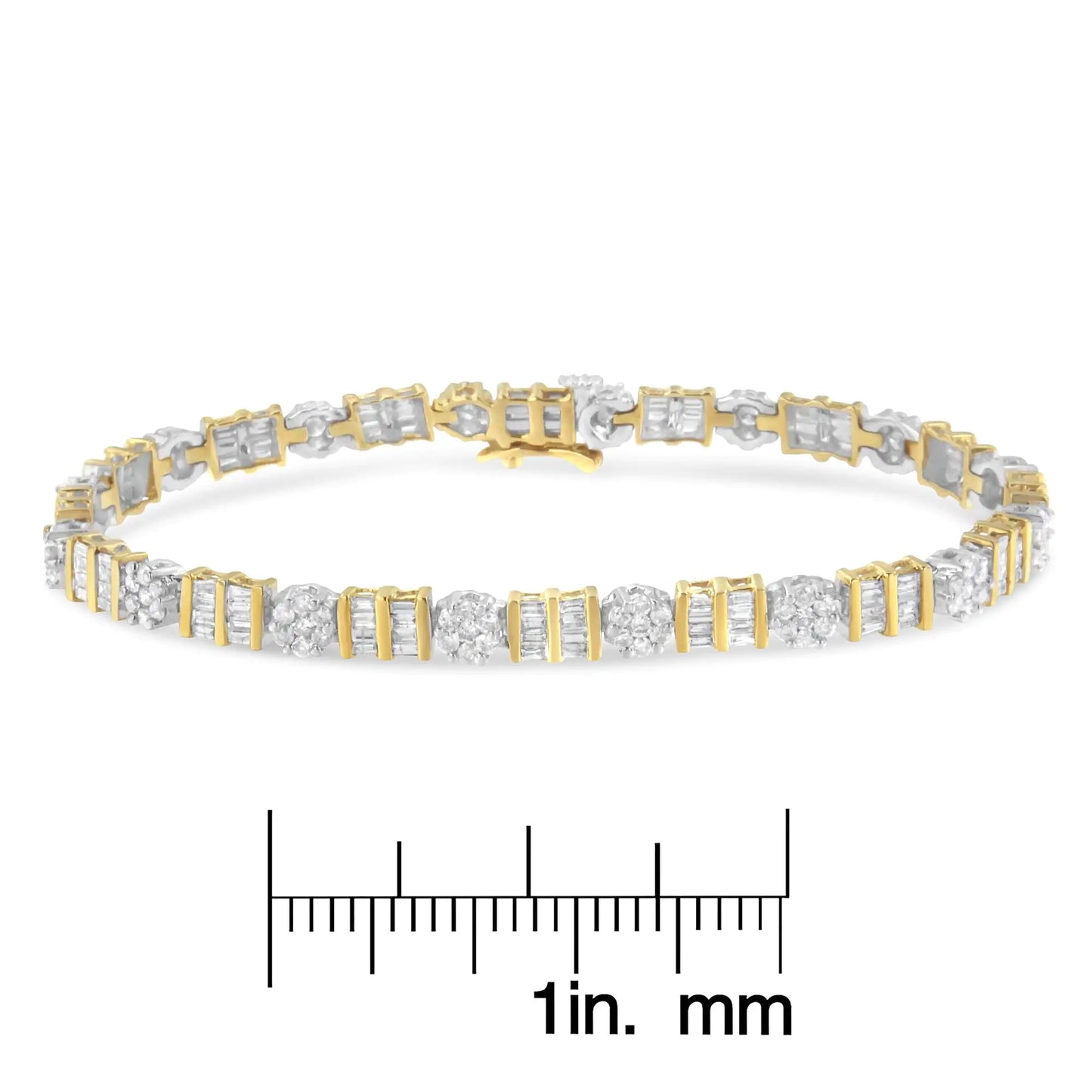 14K Gold 3-3/8 Cttw Round & Baguette-Cut Diamond Cluster Alternating Station 7" Tennis Bracelet (H-I Color, I1-I2 Clarity)