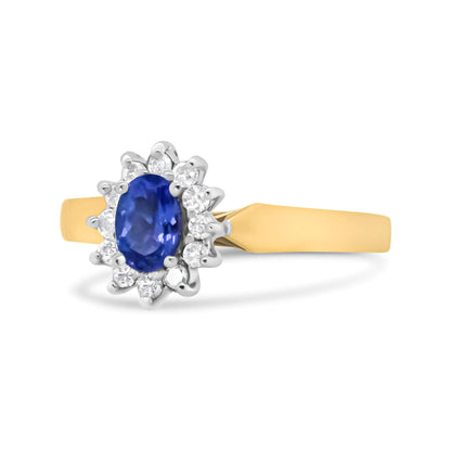 14K gult gull 1/5 Cttw rund diamant og 6x4 mm oval blå tanzanite Halo-ring (HI-farge, I1-I2-klarhet)