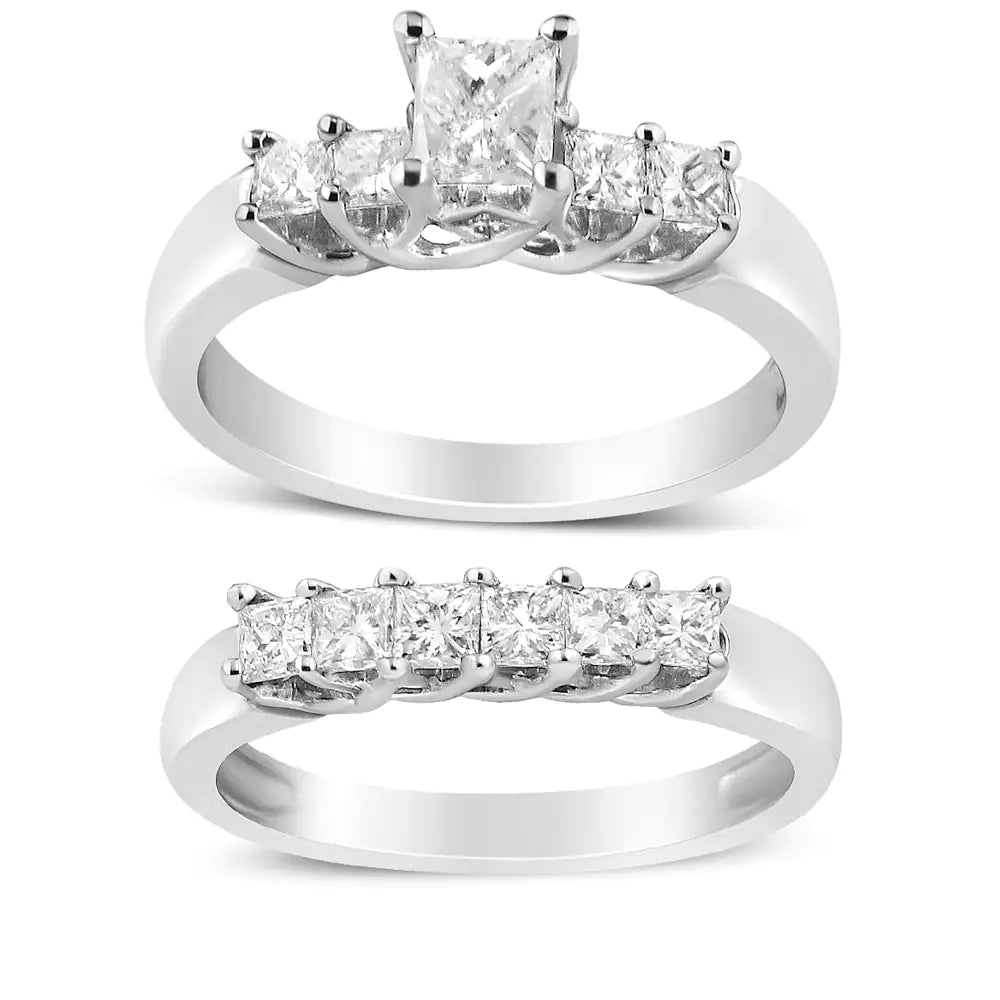 14K hvitt gull 1 1/2 Cttw 5 Stone Princess Diamond forlovelsesringsett (HI Color, SI2-I1 Clarity)