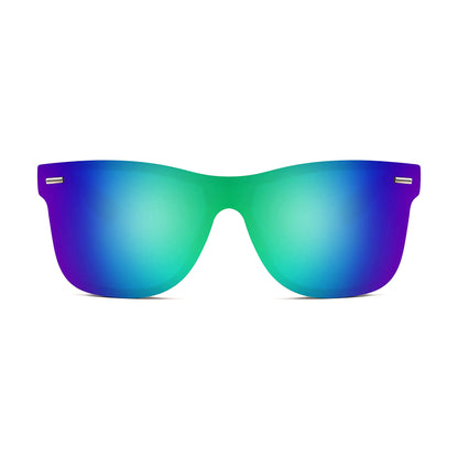 FEISEDY Sunglasses, Rimless Mirrored Sun Glasses with Reflective One-Piece Lens, B4114 Green Blue Mirror 62 Millimeters