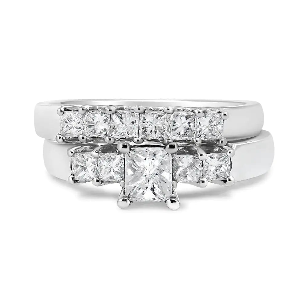 14K White Gold 1 1/2 Cttw 5 Stone Princess Diamond Engagement Wedding Ring Set (H-I Color, SI2-I1 Clarity)