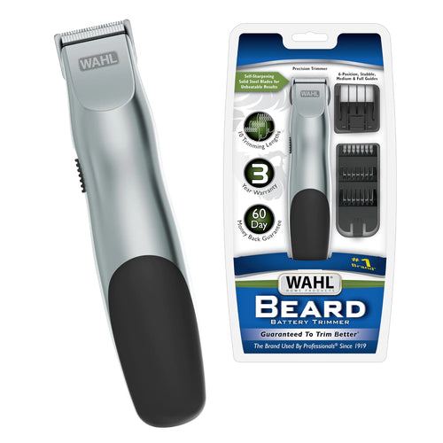 Wahl Groomsman Battery Operated Facial Hair Trimmer for Beard & Mustache Trimming Including Light Detailing and Body Grooming – Model 9906-717V Silver