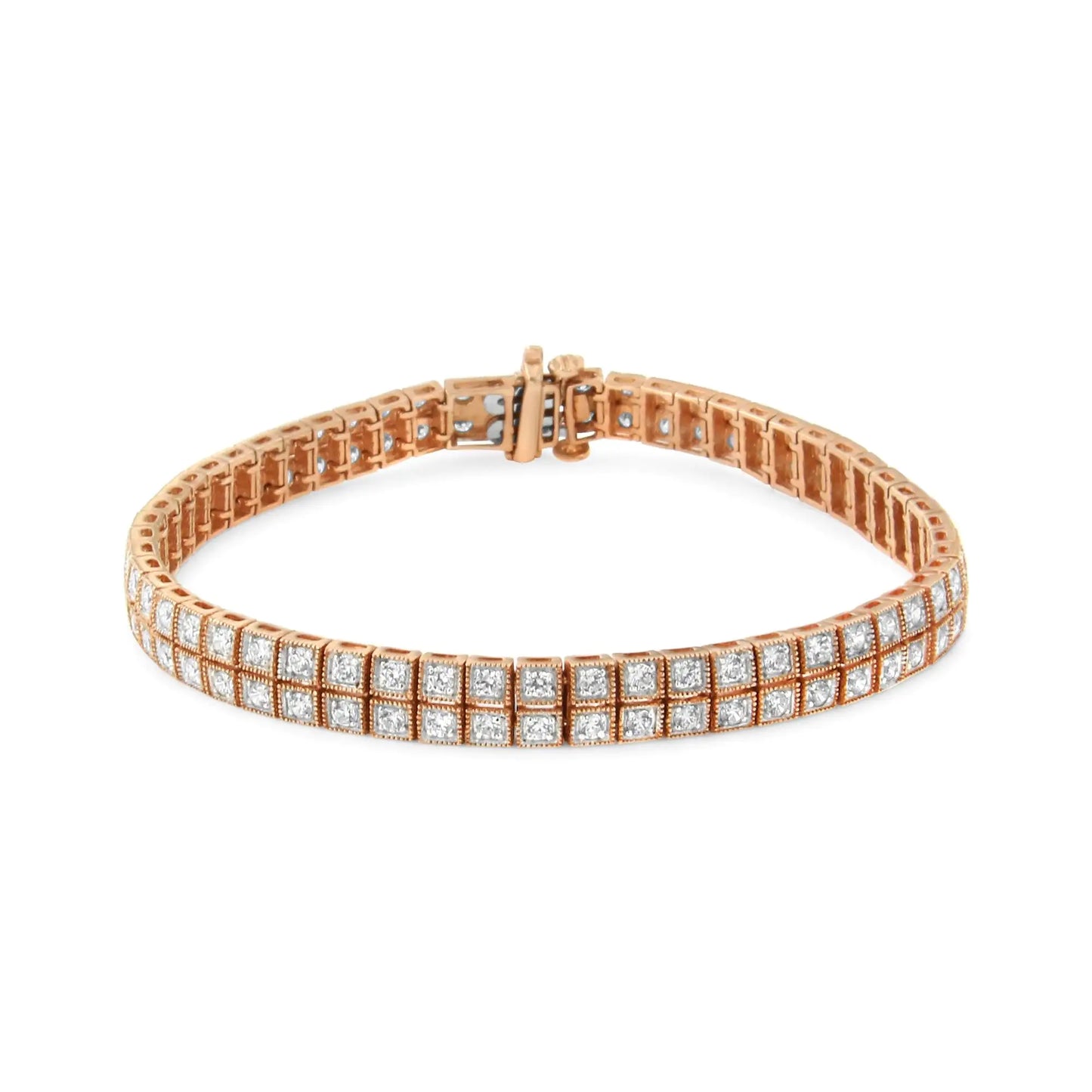 Pulsera de tenis de oro rosa de 14 quilates con diamantes cultivados en laboratorio de 3,0 quilates y dos filas de milgrain de 18 cm (color GH, claridad VS2-SI1)