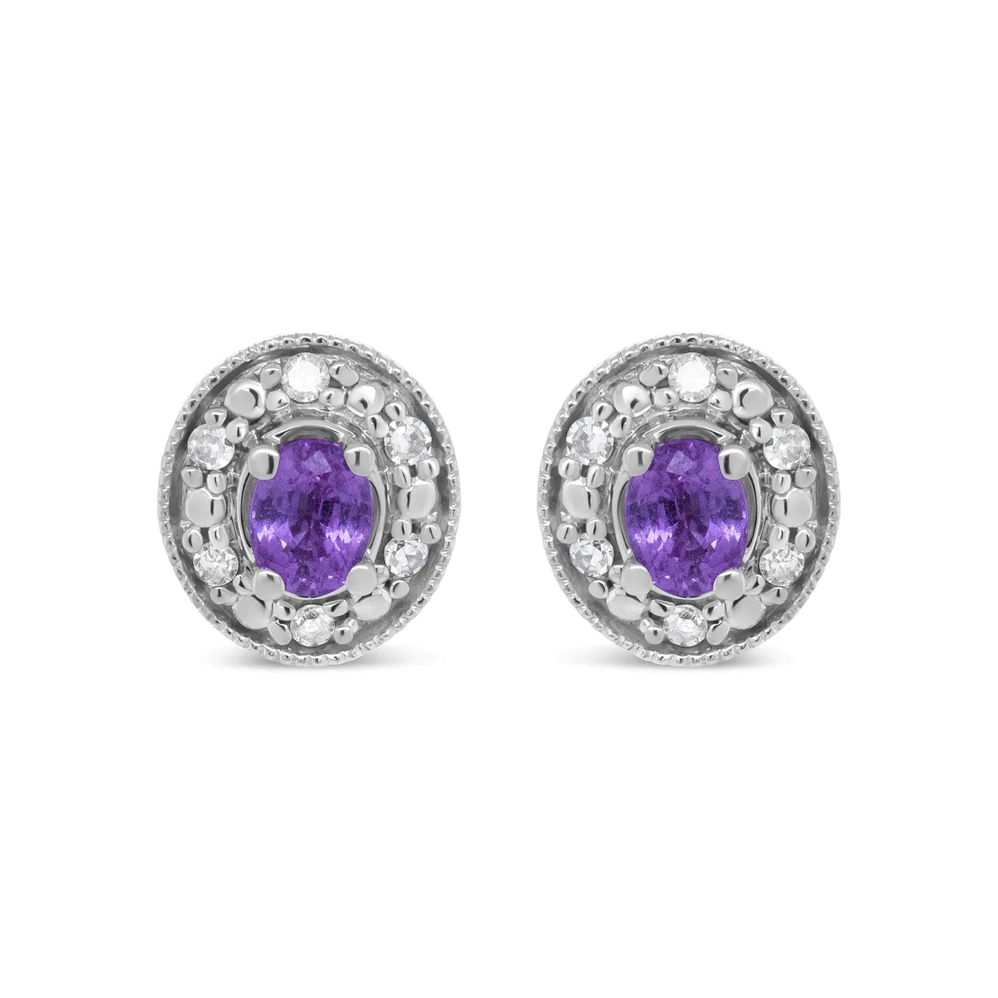 14K White Gold 4x3mm Round Pink Sapphire and 1/10 Cttw Round Diamond Halo Stud Earrings - (I-J Color, SI1-SI2 Clarity)