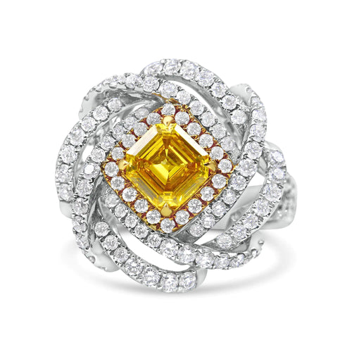 18K White and Yellow Gold 2 1/2 Cttw Yellow Asscher Lab Grown Center Diamond Cluster Swirl Ring (Yellow/G-H Color, VS1-VS2 Clarity)