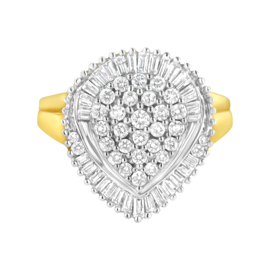 10K Yellow Gold 1.0 Cttw Round and Baguette Cut Diamond Oval Shaped Cluster Ring (I-J Color, I1-I2 Clarity)