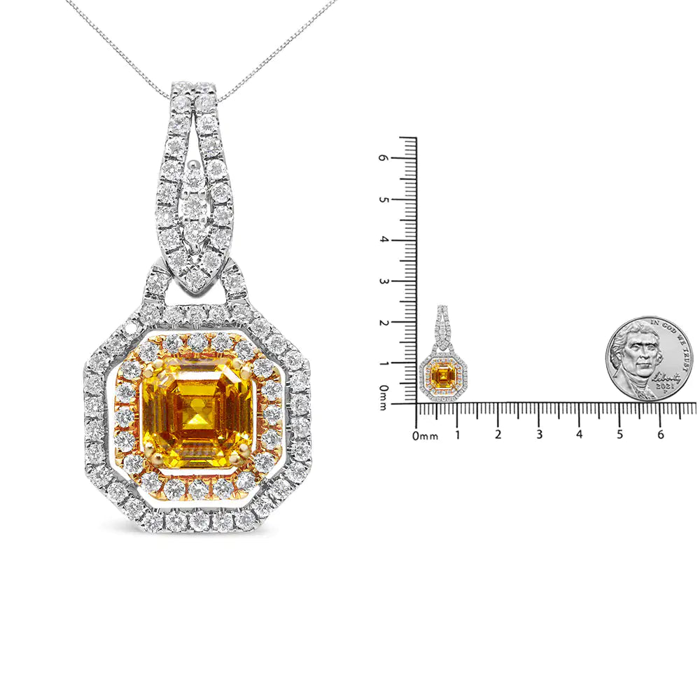 18K White and Yellow Gold 2 3/5 Cttw Lab Grown Yellow Asscher Diamond Double Framed Halo 18" Pendant Necklace (Yellow/G-H Color, VS1-VS2 Clarity)