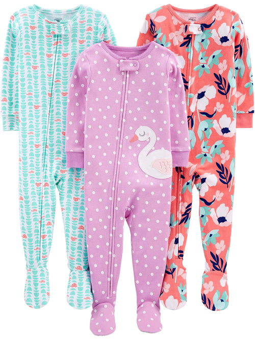 Simple Joys by Carter's Girls' 3-Pack Snug Fit Footed Coton Pyjamas 6-9 måneder Lys lilla svane/mintgrønn skilpadde/oransje blomster