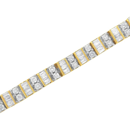 10K Yellow Gold 4.0 Cttw Alternating Baguette & Round Cut Diamond Bezel- & Prong-Set 7" Tennis Bracelet (G-H Color, SI1-SI2 Clarity)