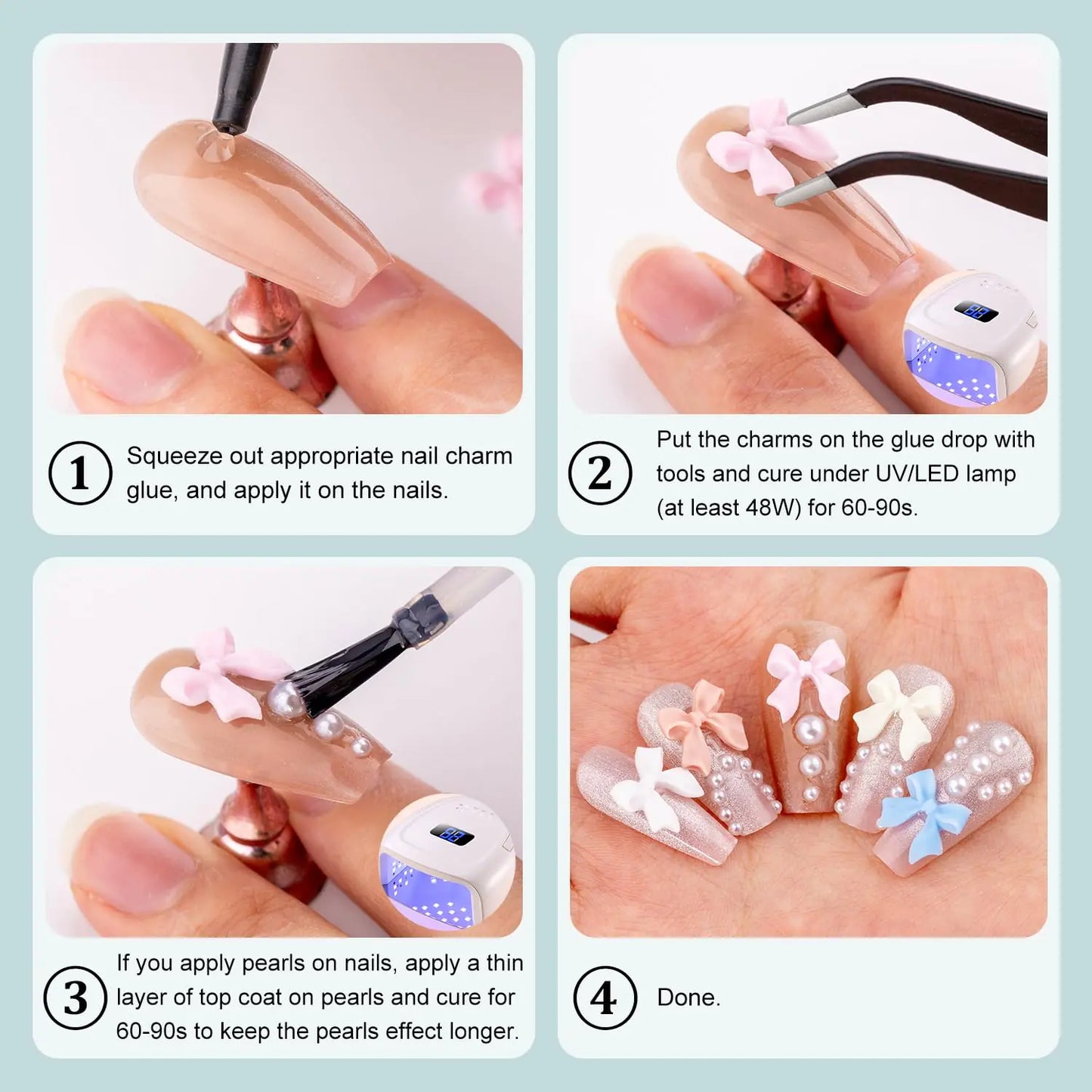 600 Pcs 3D Nail Charms and Flatback Pearls #10, 6 Colors Bow + Pink&White Star Heart Moon Cute Charms + 2-6mm White Pearls for Nail Art Design with Nail Charm Glue(UV Needed) and Pickup Tools Set 11- 8 Colors with Glue 3D Nail Art Set