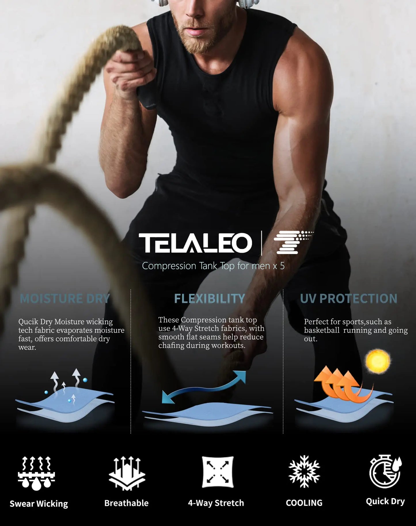 TELALEO - Pack de 5 camisetas de compresión deportivas para hombre, sin mangas, para entrenamiento, capa base deportiva, para correr, baloncesto, negro/blanco (paquete de cinco), talla mediana