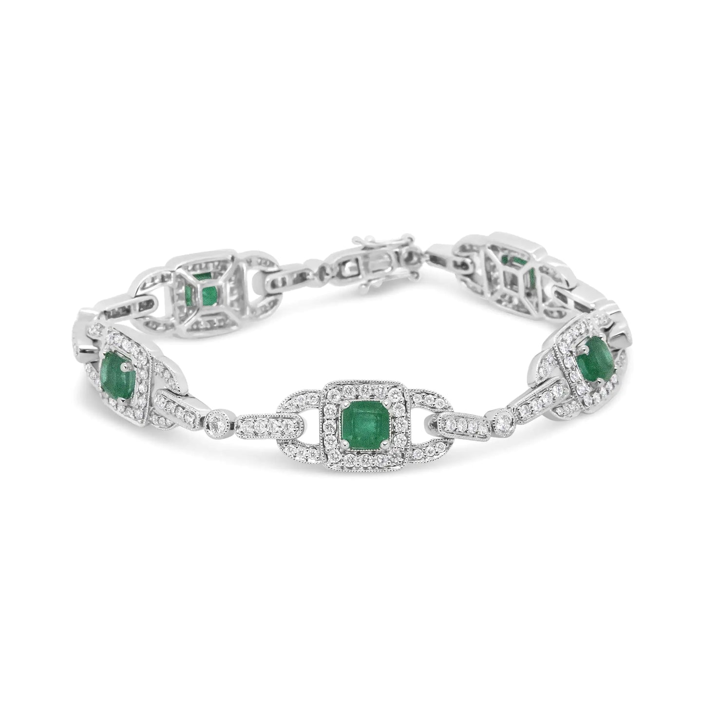 14K White Gold 5mm Emerald Cushion Cut and 2.00 Cttw Round Bezel-Set Diamond Link Bracelet - (H-I Color, VS1-VS2 Clarity) - Size 7"