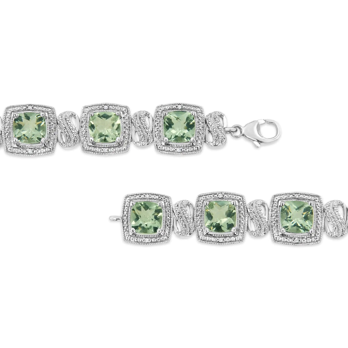 Pulsera de tenis de plata de ley 925 con amatista verde de talla cojín de 7 x 7 mm y diamante de talla única de 1/10 ct. de forma cuadrada (color IJ, claridad I1-I2) - 18 cm