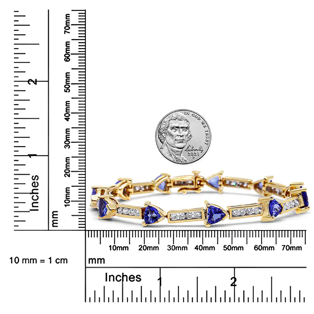 14K gult gull 1 5/8 Cttw diamant og 5MM trillioner blå tanzanite lenkearmbånd (HI farge, I1-I2 klarhet) - 7"