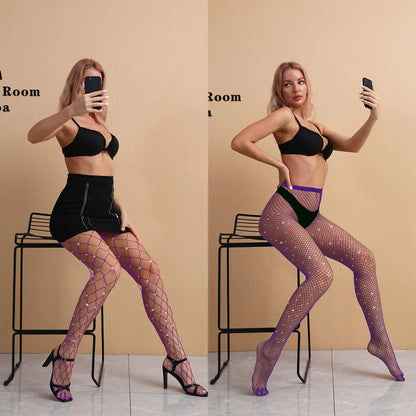 VEBZIN 2 Pack Sparkly Large And Medium Mesh Fishnet Tights For Women Sexy Glitter Rhinestone Fishnets Stockings One Size Purple